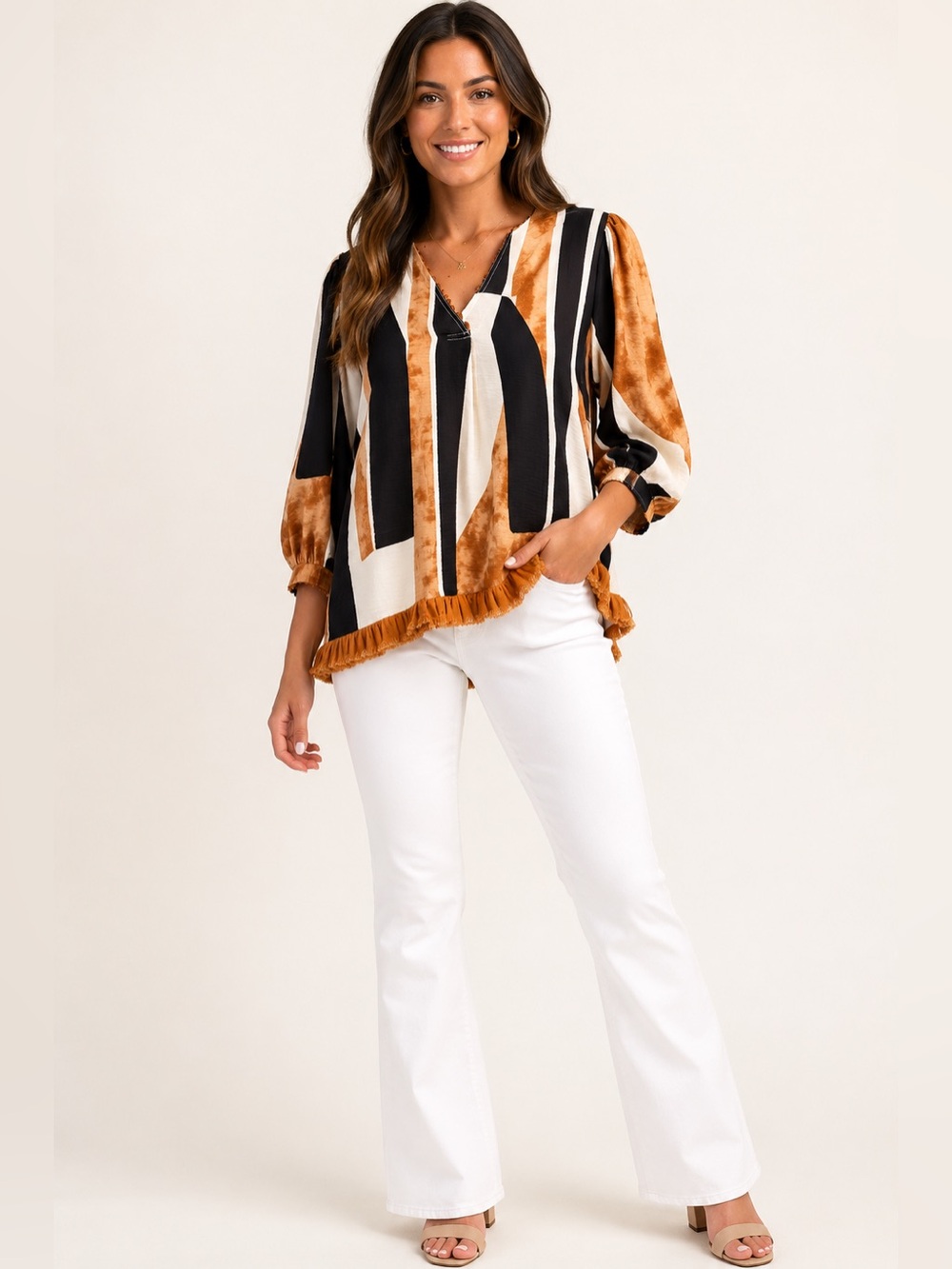 Striped V-Neck Fringe Tunic in Rust/Black